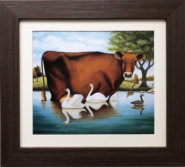 Lowell Herrero «Cow and Mute Swan» New CUSTOM FRAMED Americana Art Farm