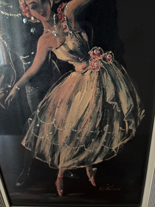 Glitter ballet dancer 50's vintage Print by J. Cherie. Framed with glass. VGC