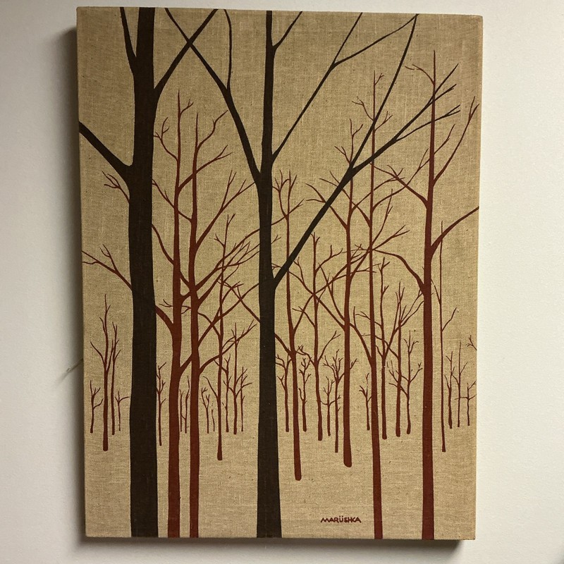 VINTAGE MARUSHKA TREES FABRIC ART SCREEN On LINEN 18×24 On Frame