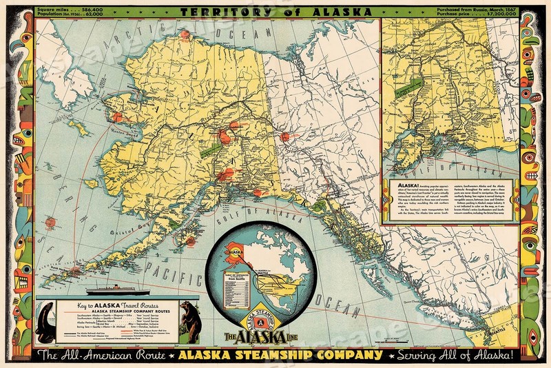 Territory of Alaska 1936 Vintage Style Steamship Route Map – 20×30