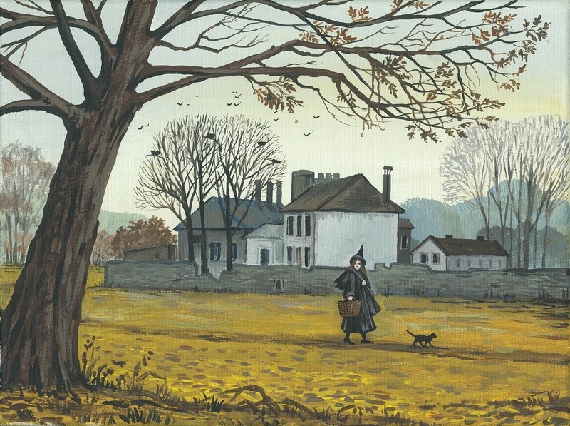 9×12 print of painting RYTA ART Halloween Salem Witch Black Cat landscape folk