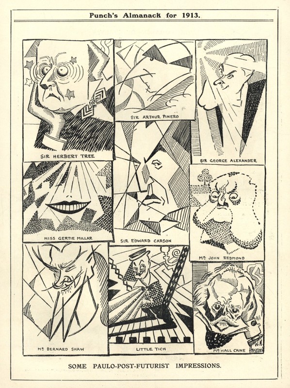 RARE 1913 BRITISH MODERNIST ART SATIRE CARTOON «Paulo-Post-Futurist Impressions»