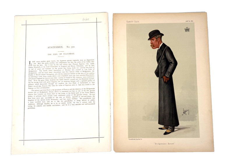 Vanity Fair 1887 Ape Caricature Earl of Ellesmere "Bridgewater House"
