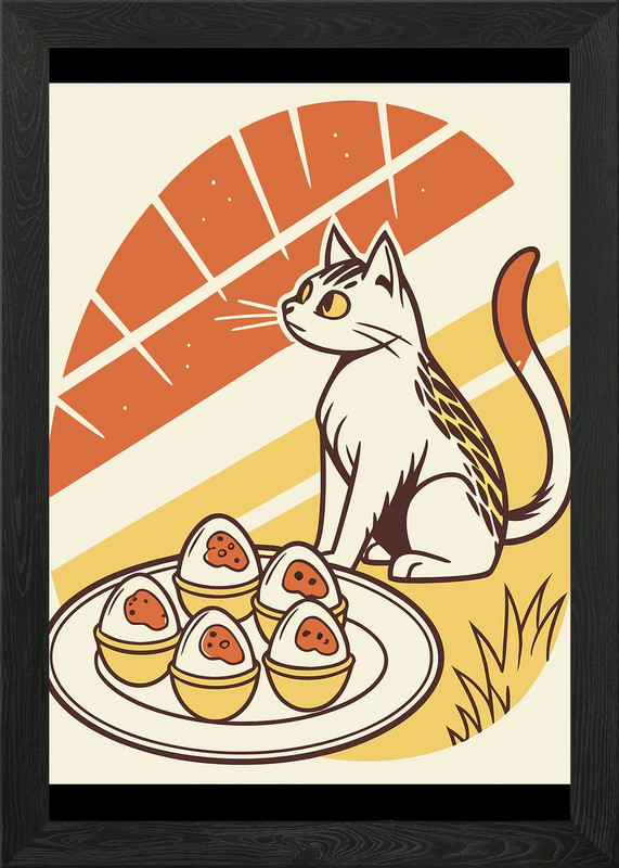 Cat with Deviled Eggs Illustration Framed Wall Art Poster Canvas Print Picture