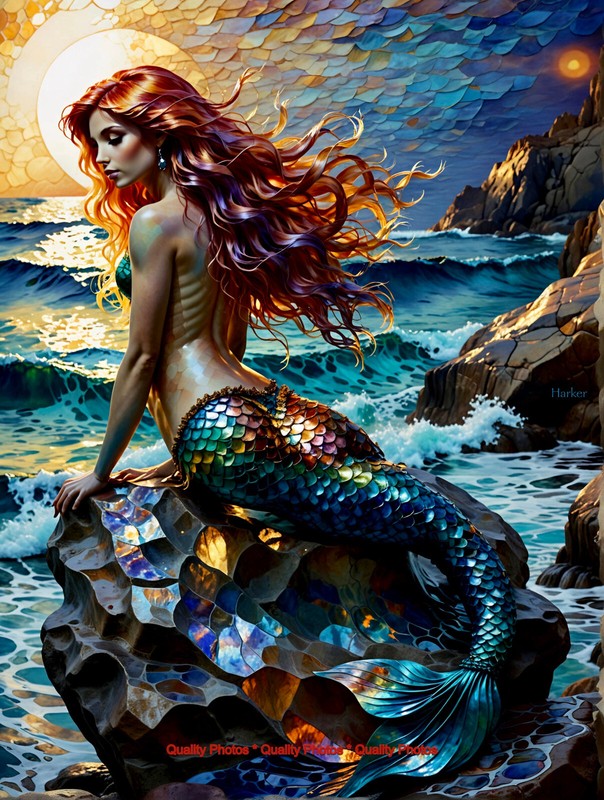 Mermaid Moonlight Crystal Rocks 8.5×11″ Photo Print Style Van Gogh / Harker Art