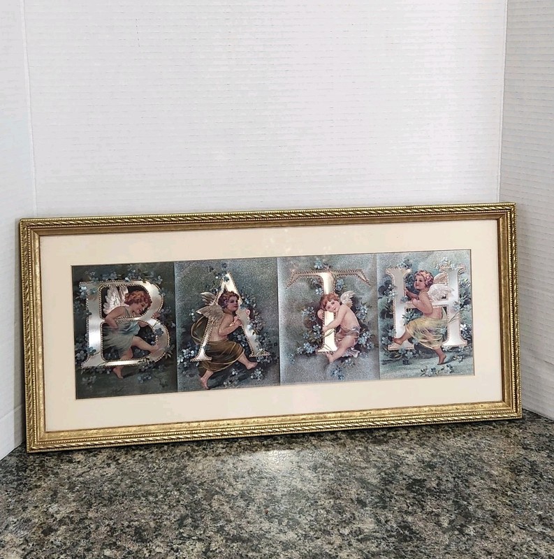 Vtg Foil Art Blue BATH Victorian Cherubs Wall Decor Gold Framed 20″x9″