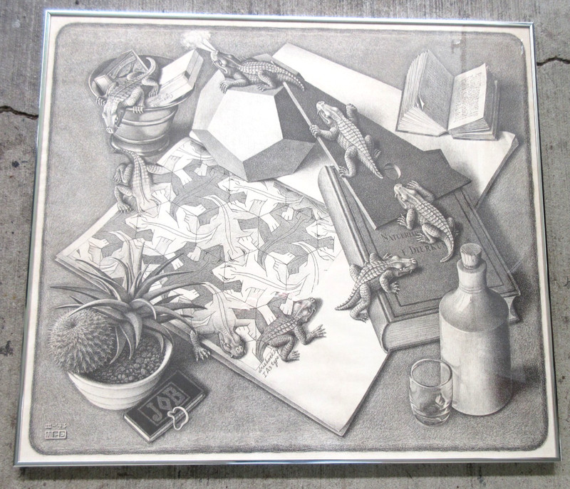 M C ESCHER REPTILES HUGE 28"x 32" LITHOGRAPH PRINT 1960s or earlier FRAMED gallery