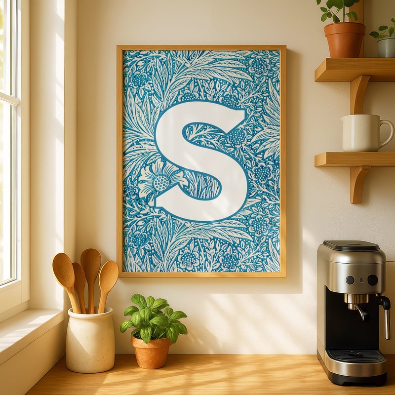 Personalised Initial Print: Letter Wall Art with Blue William Morris Design