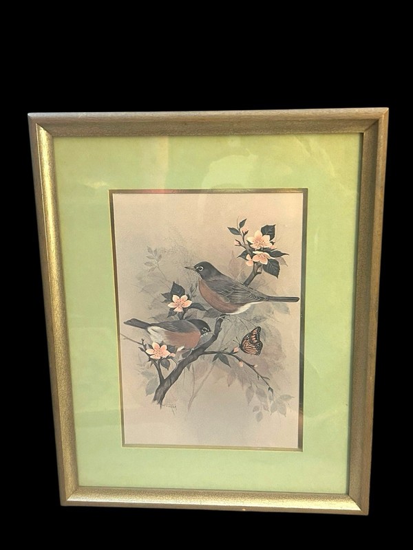 Vtg Frank Massa Print With Birds and Butterfly On a Branch Framed & Matted