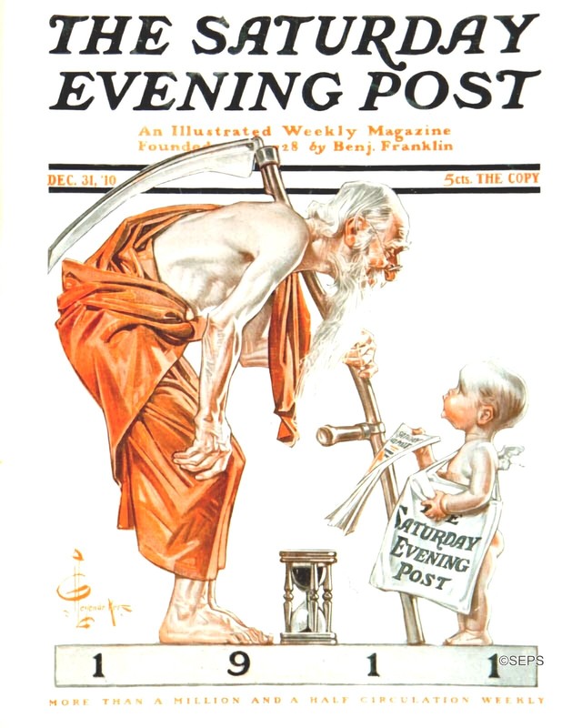 Saturday Evening Post 1910 Cover Reproduction Giclee Print Father Time and Baby