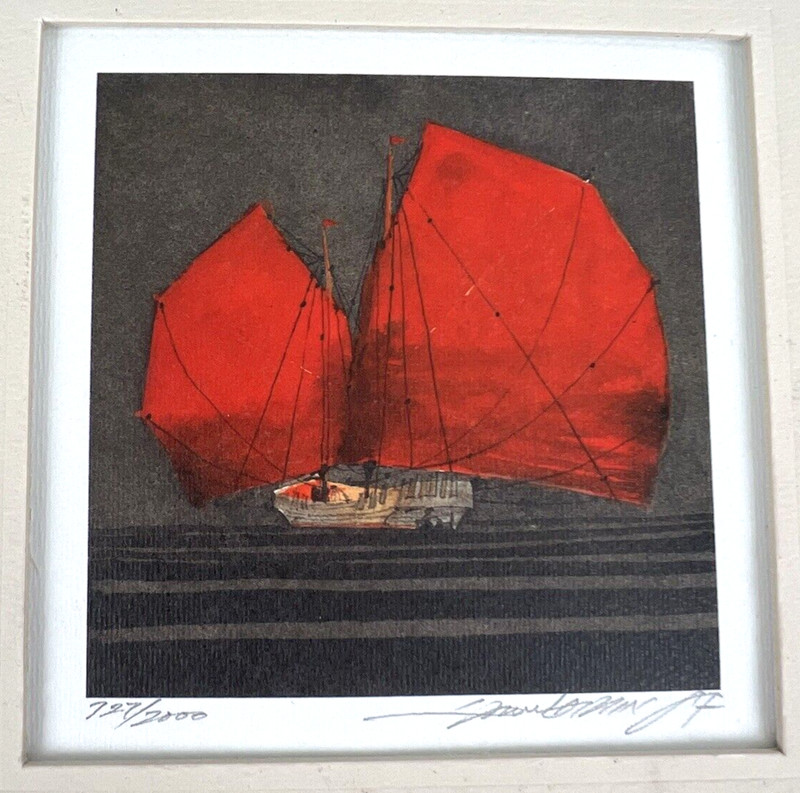 Japanese / American Signed and Numbered Junk Ships Mini Print Red Sails