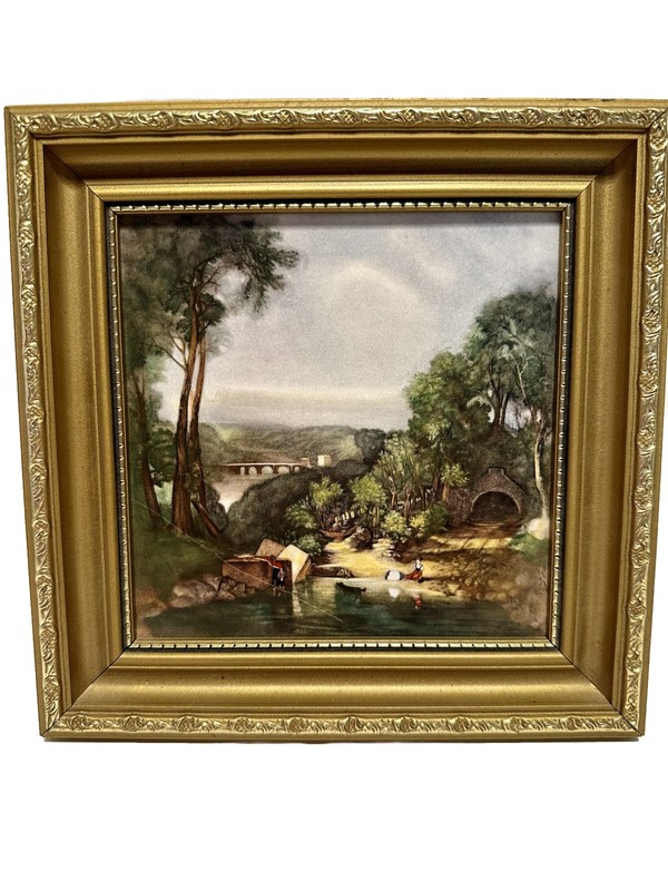Vintage “Crossing the Brook” Reproduction on Tile After Joseph Mallord Framed