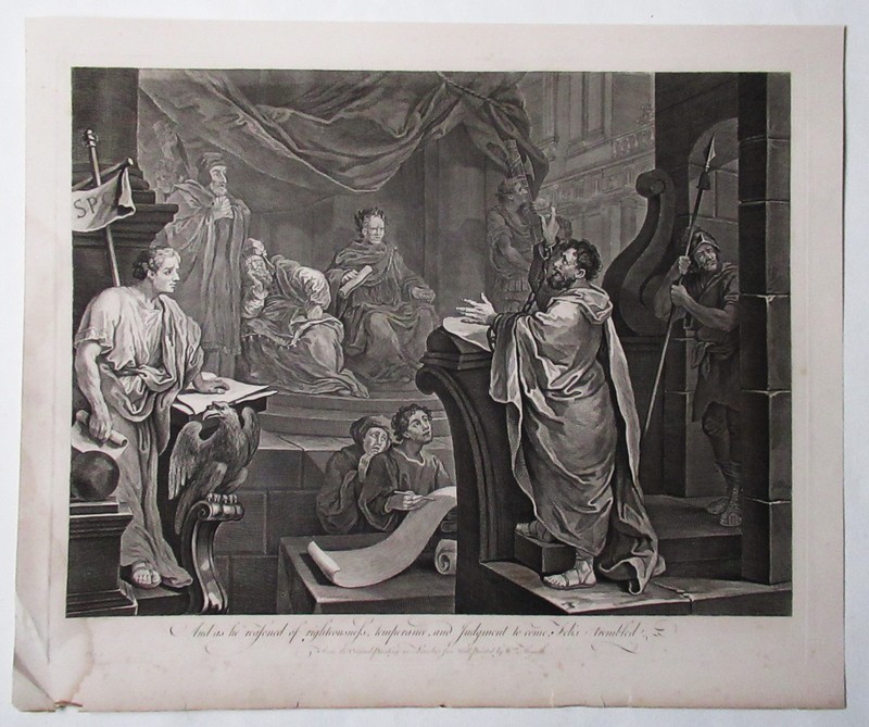 William Hogarth print, Paul Before Felix engraved 1752 by Sullivan, 1822 edition