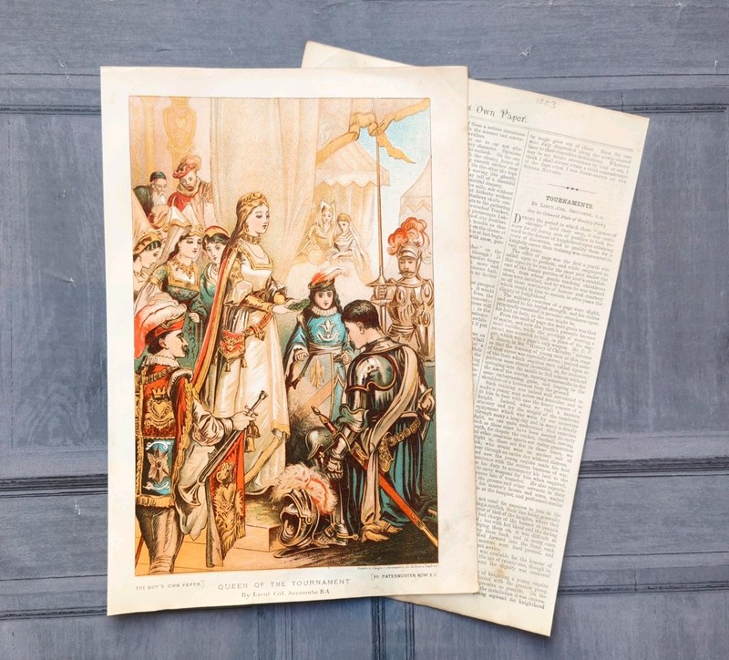 Antique 1883 Medieval Queen Knight Jousting Tournament Book Art Print Picture gallery