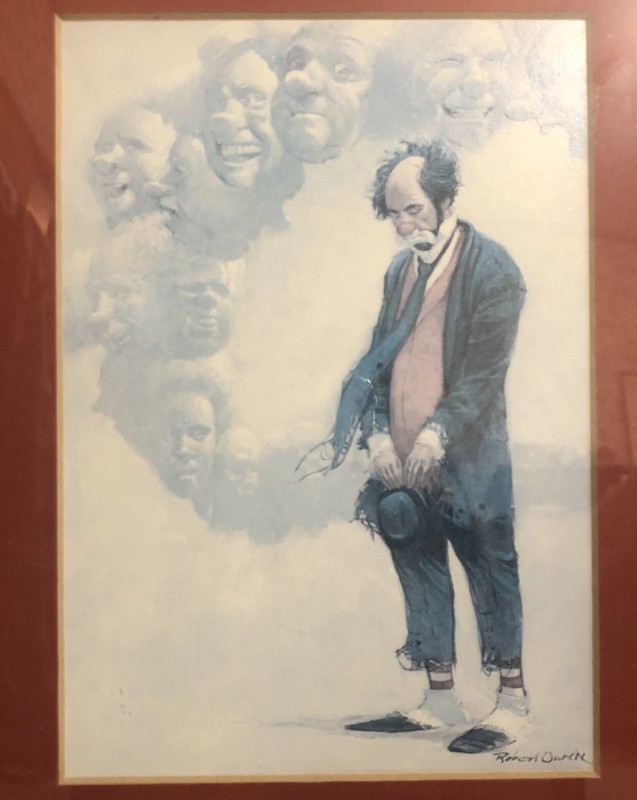 Vintage Robert Owen 5×7 Pondering Clown Print Framed 12×10 Gold Metal