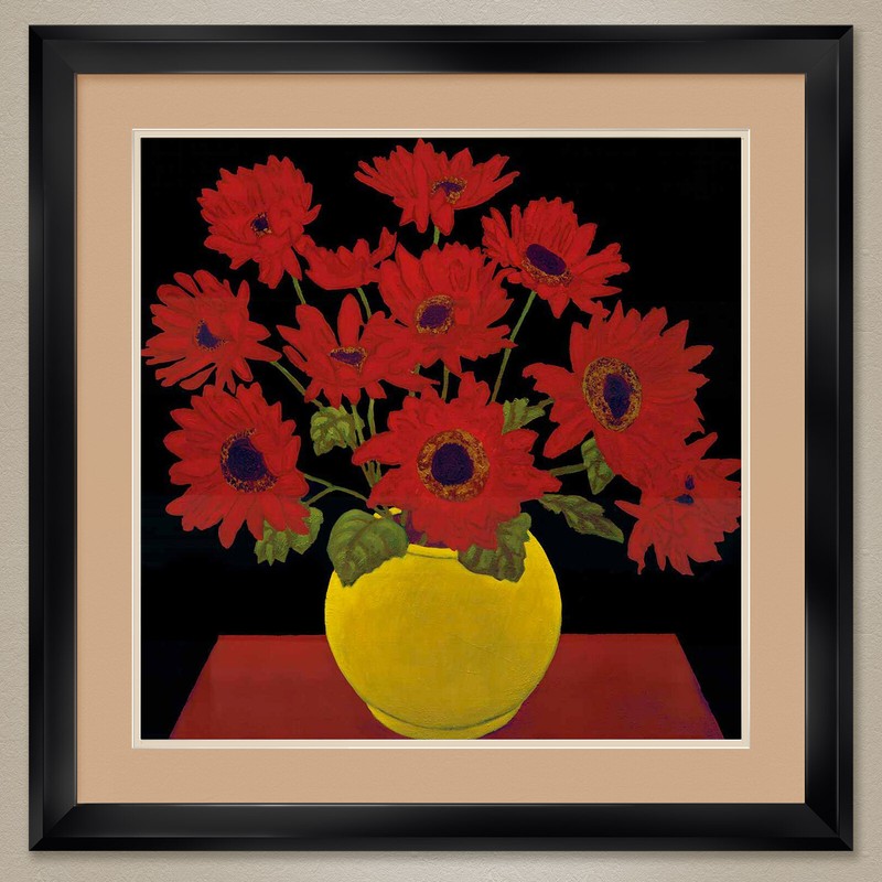32W»x32H» RED DAISIES by BEVERLY JEAN – VASED FLORAL DOUBLE MATTE, GLASS & FRAME
