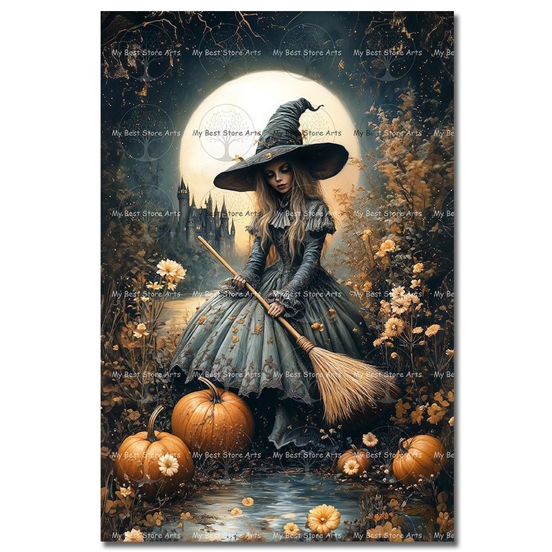 Witch Moon Art Print, Gothic Celestial Halloween Decor