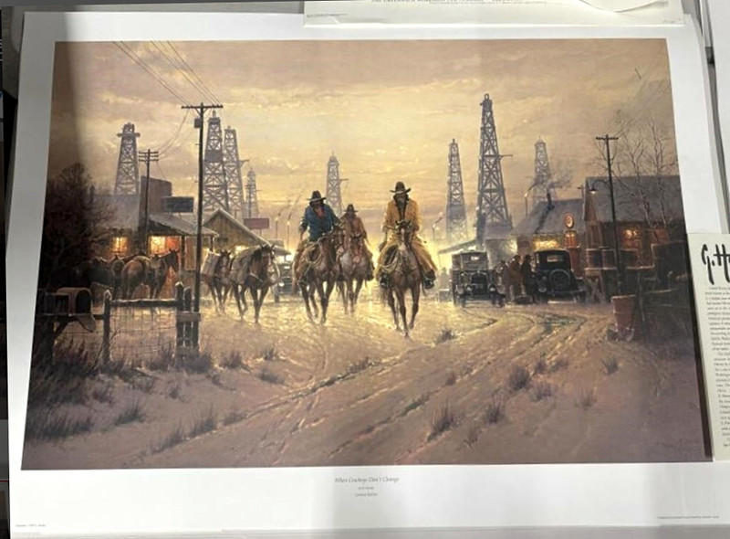 G. Harvey WHEN COWBOYS DON’T CHANGE 22×33 S/N Paper Oil Wells Snow Winter Art