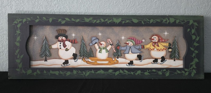 Hand Painted Print Skating Snow Family With Painted Frame 24x8x.5″ EUC *READ*