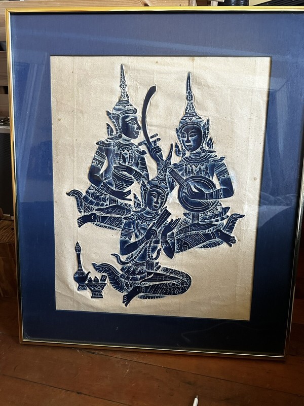 Vintage Embossed Blue Thai Buddhist Temple Musicians Wall Art FRAMED!!