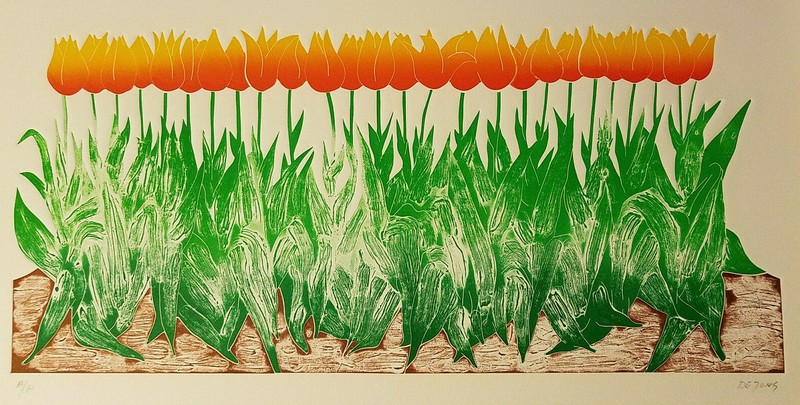Tulips (Orange Flowers, Light Dirt) by Thom De Jong (70s 80s Dutch NYC Artist)