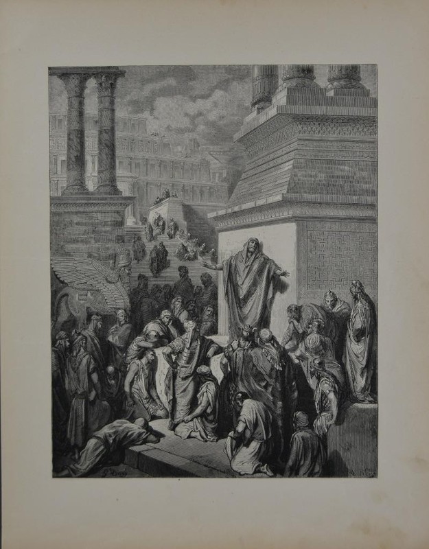 Antique Religious Art Print 1880 Gustave Dore Jonah Calls Nineveh to Repentance