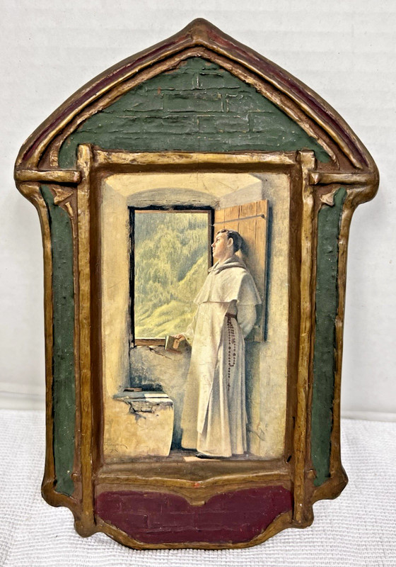 Vintage Gesso Duracraft Sunlight Cederstrom Monk Thinking Painted Ornate Frame