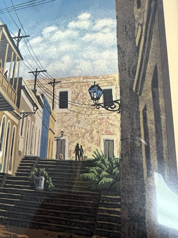 Vintage Framed Caribbean Colonial Street Scene Art Print Signed Capiga 12x10” gallery