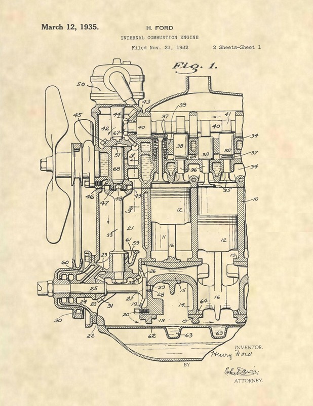 Henry Ford Engine Official Patent Art Print- Original Vintage Antique – 894