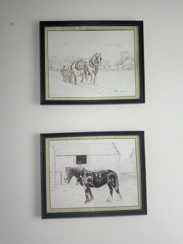 Etching Drawing Signed Art R. Robinson Barn Horses Agriculture Village Rustic
