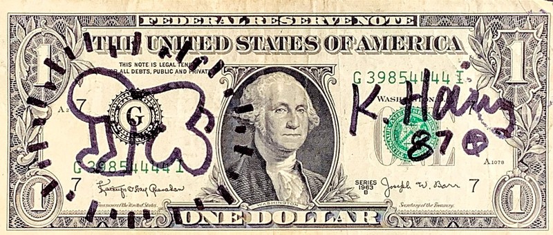 Hand signed - Keith Haring - Doodled $1 Authentic United States Bank Note gallery