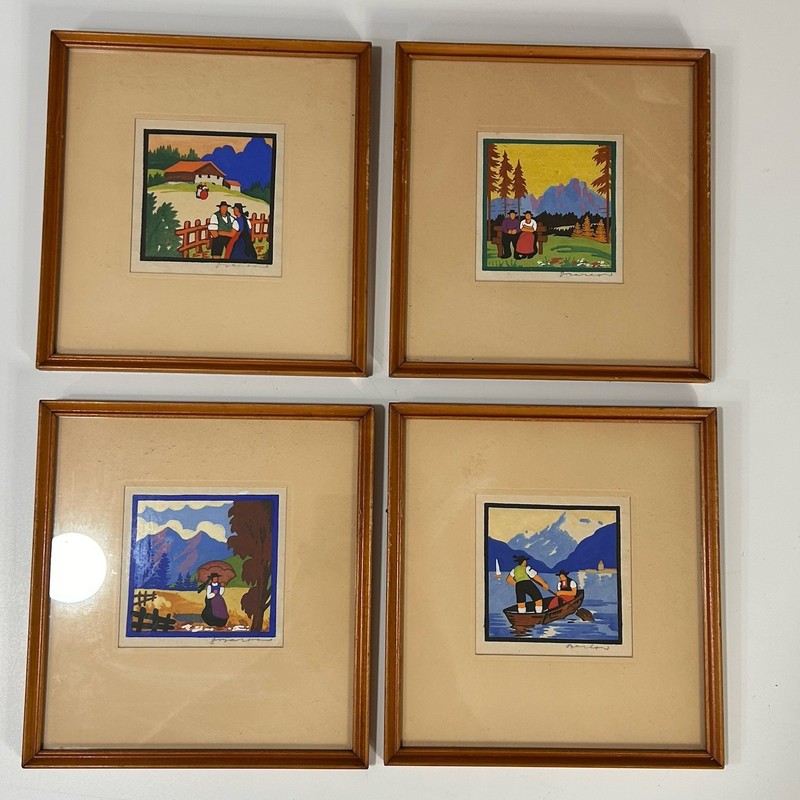 4 Antique Woodcut Paintings G. Barton Holiday Neighborly Talk Swiss Lake Set