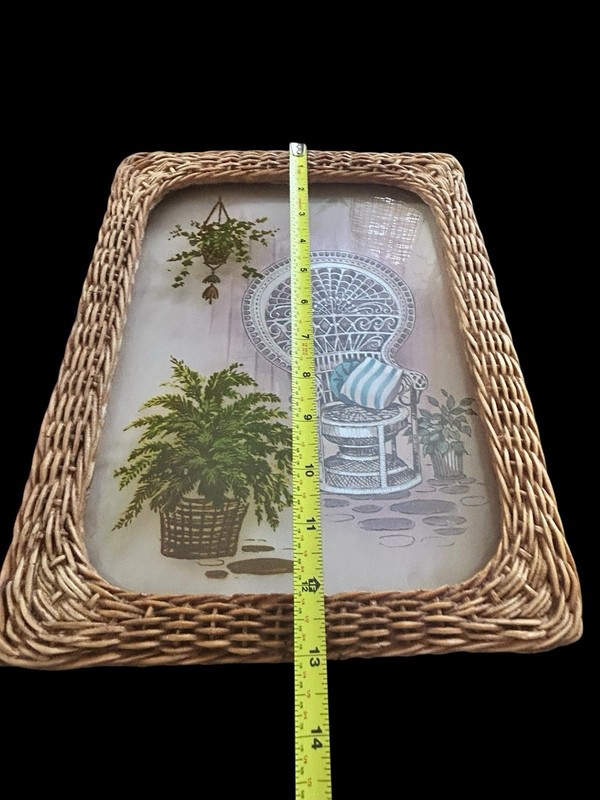 Vtg Boho Peacock Wicker Chair Picture Reverse Painted Glass Fern 13" x 10" gallery