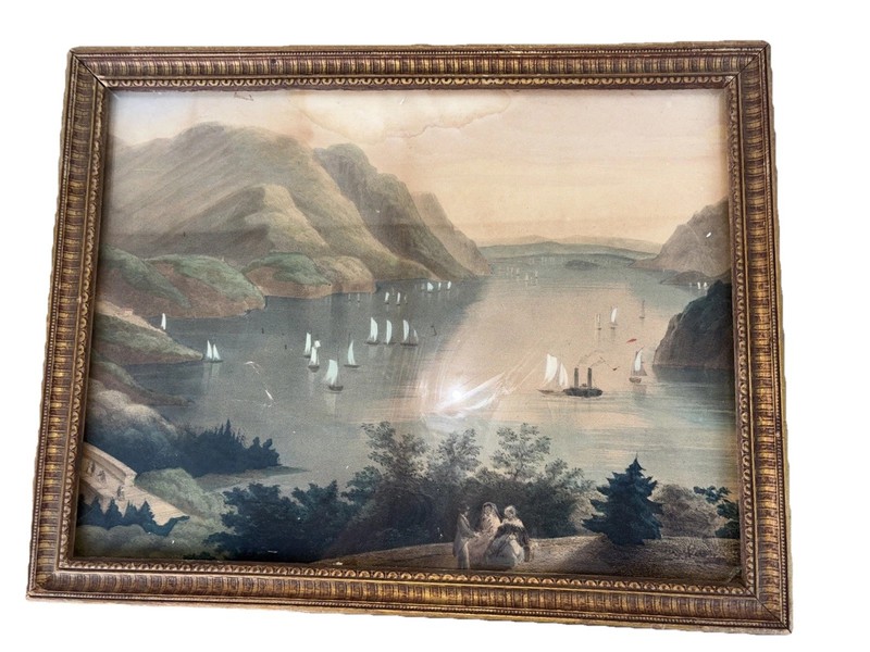 Watercolor old print early 1800s Framed boats water see pics 18 x 13.5 read gallery