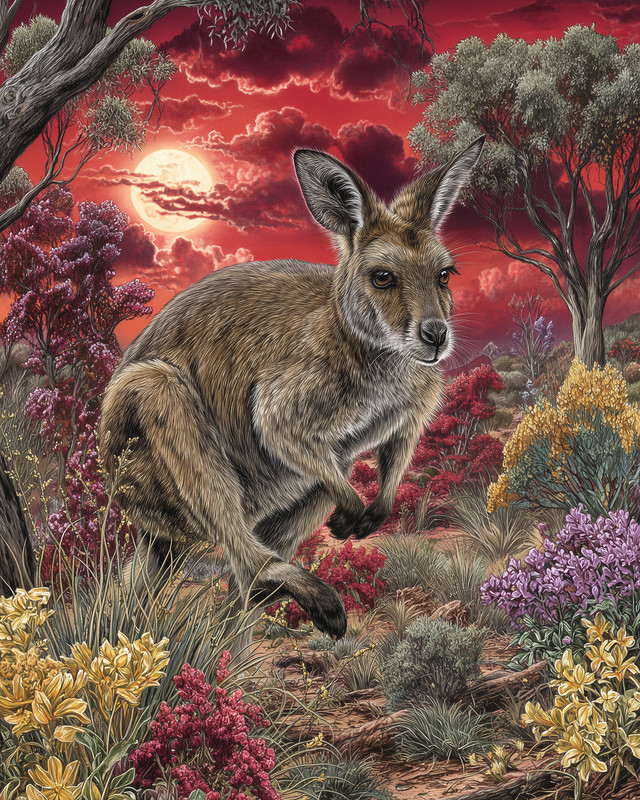 8×10 Kangaroo running at red sunset – dramatic sky and shrubs – 325493157