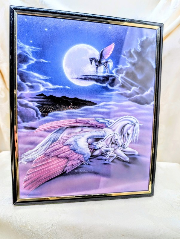 Vintage 1980s Sue Dawe Pegasus Fantasy Art Print Framed Mythical Horse Moon 80s