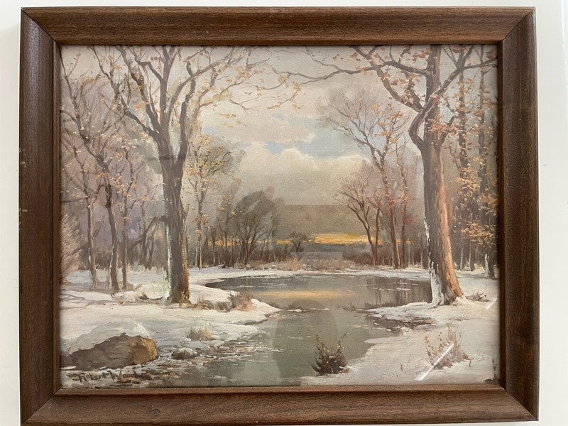 Painting Textured Board Framed Winter Morning Scene Robert Wood.