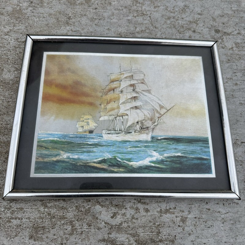 Vintage Silver Metal Framed Reflective Print Ships Ocean Sail Boats Ornate 8×10