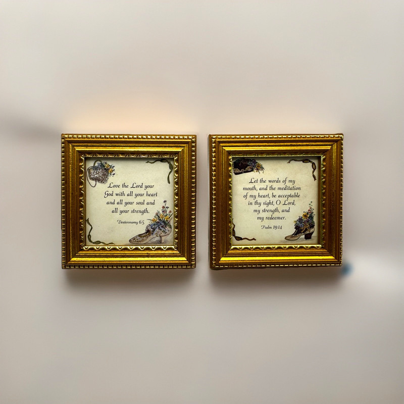 Vintage 1999 Heartfelt Collection Framed Art Faith Scripture Gold Gilt 4×4 Set