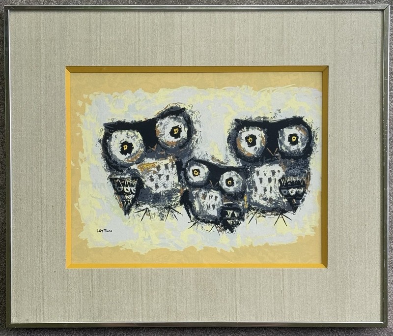 Vintage Margaret Layton Owl Family Portrait Serigraph Turner Wall Art 19”