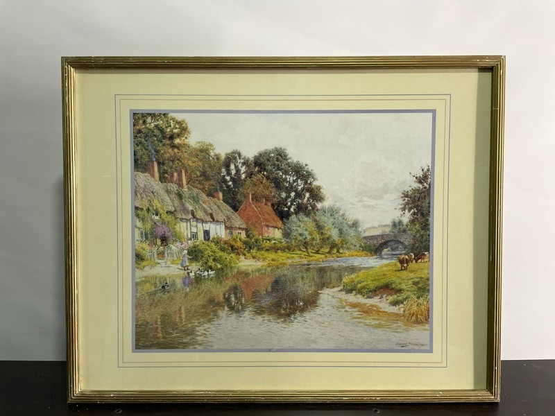 Claude Strachan Cottage Flowers Kids Feeding Ducks in Glass Frame 23' x 29'