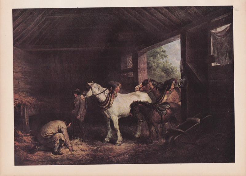1939 Vintage «INTERIOR OF A STABLE» by MORLAND HORSES Color Art Plate Lithograph