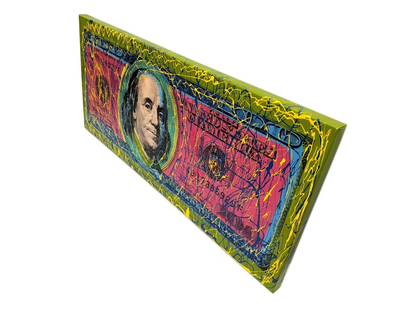 Steve Kaufman "One Hundred Dollar Bill" | Embellished Canvas | 17x38" Stretched gallery