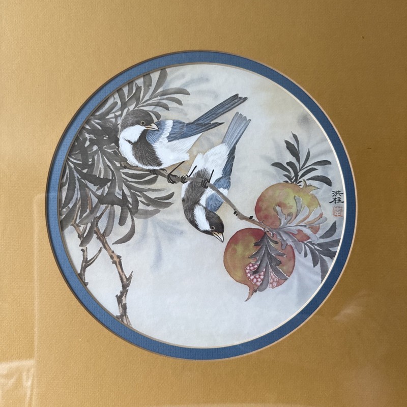 Asian Print Artwork Two Birds In Persimmon Tree faux Bamboo style gold Frame 17” gallery