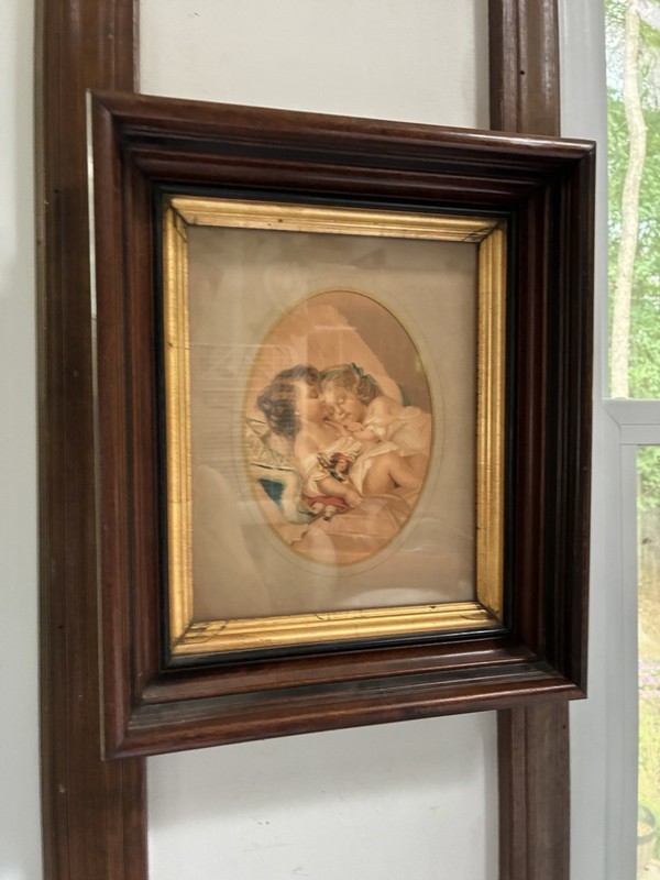Antique Victorian Two Girls Kissing Lithograph Print Ogee Frame c1890 11 x 13 in