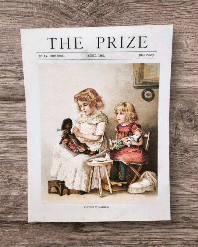 Antique 1889 Two Little Girls Sisters Playing With Their Dolls Toys Book Print