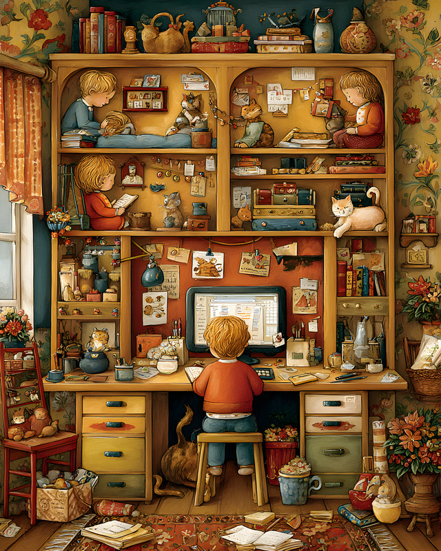 8×10 Cozy Storybook Woman Working on Computer Art Print Cottagecore – 794679216