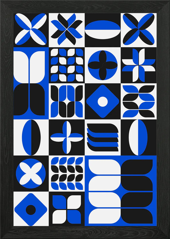 Geometric Pattern in Blue, Black, a Framed Wall Art Poster Canvas Print Picture