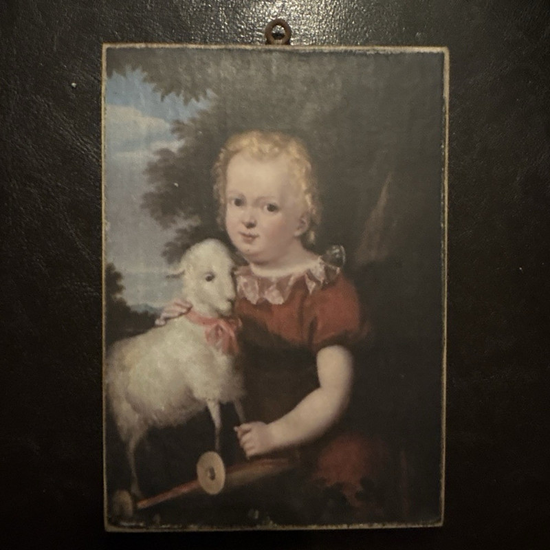 Framed Small Portrait Print Child Holding Lamb - Animals Theme