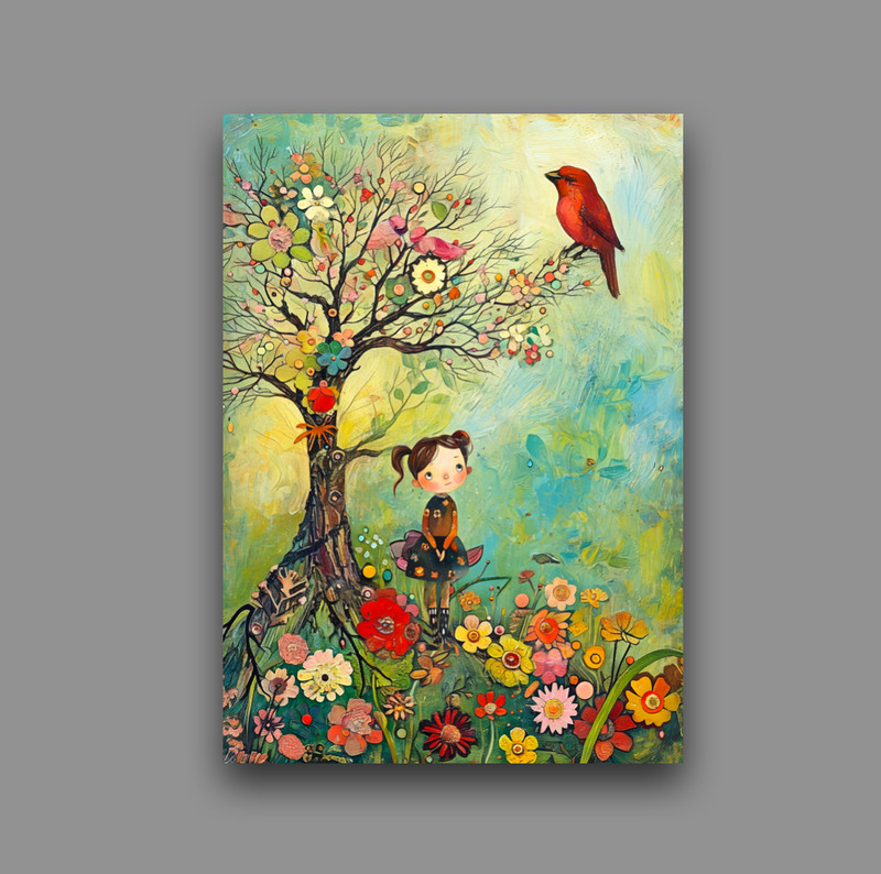 Bird Watching whimsical girl in a flower forest artist trading card 2.5x3.5 ACEO